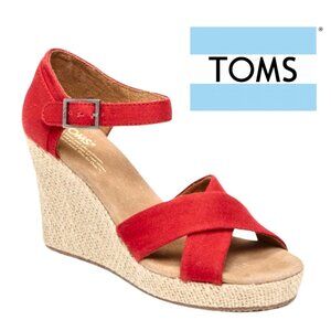 TOMS Red Canvas Criss Cross Wedge Sandals Heel Espadrille Women Size 7.5W Shoes